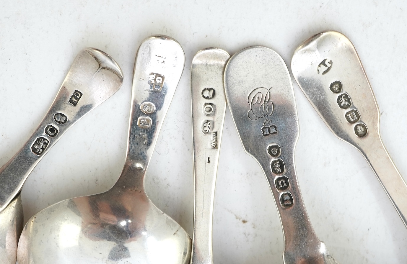 Ten assorted mainly 19th century silver caddy spoons, including seven Old English pattern, one fiddle pattern, one fiddle and thread pattern and one fiddle and shell pattern